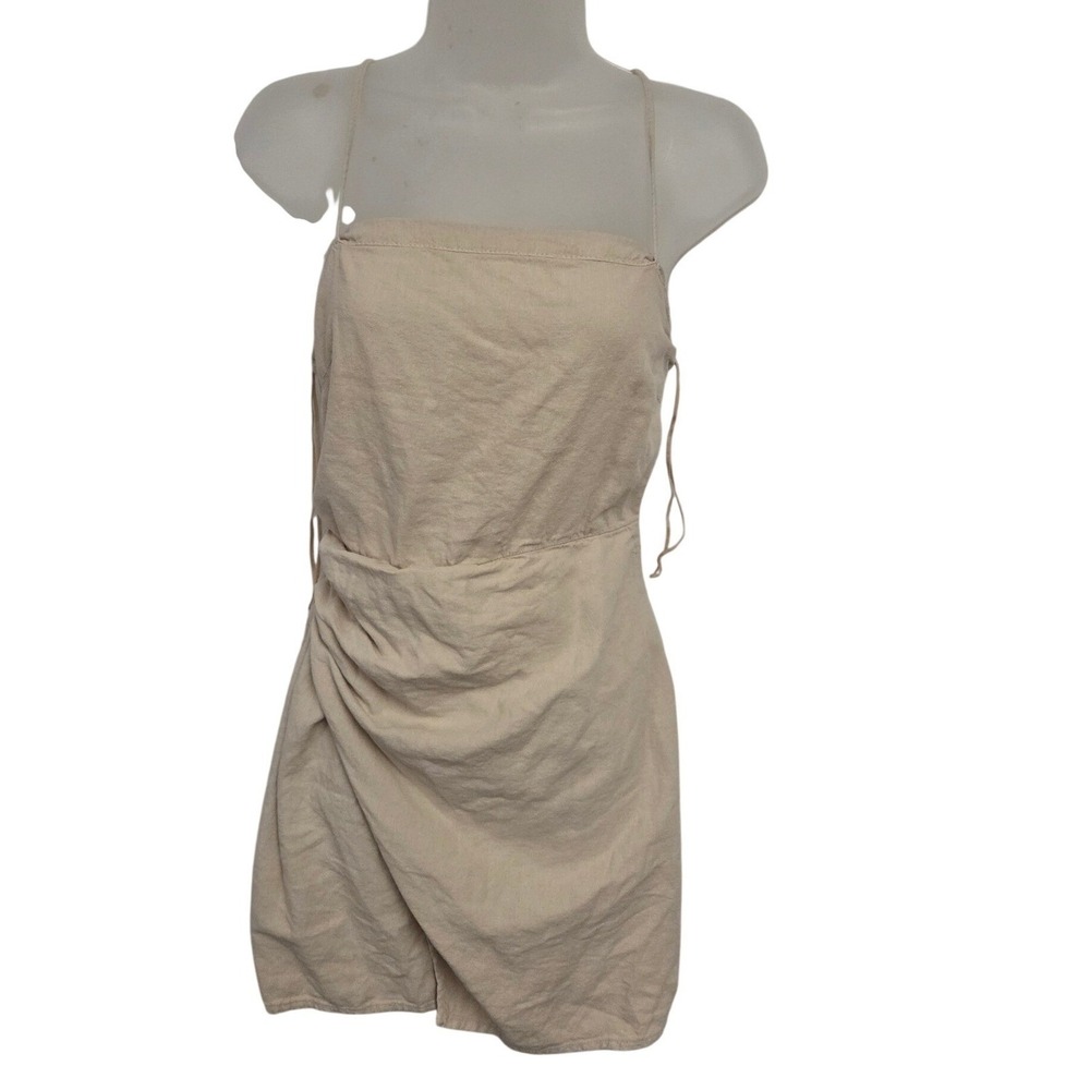 Zara Beige Linen‎ Blend Draped Mini Dress Small Sleeveless Square Neck Tan